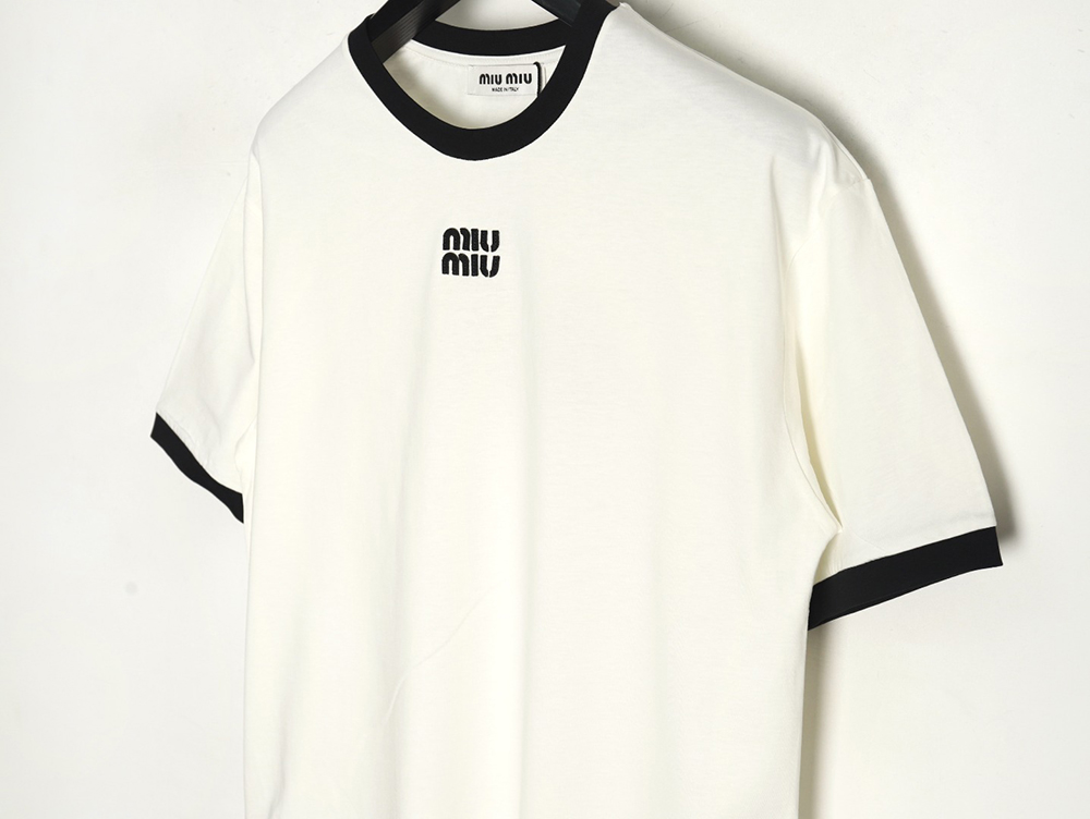 Miu Miu Contrast Collar Embroidered Logo Short Sleeve T-Shirt