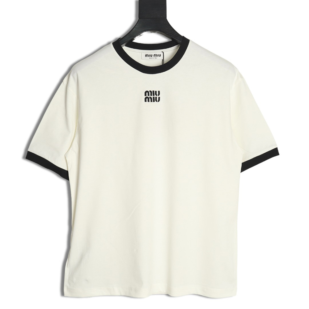 Miu Miu Contrast Collar Embroidered Logo Short Sleeve T-Shirt