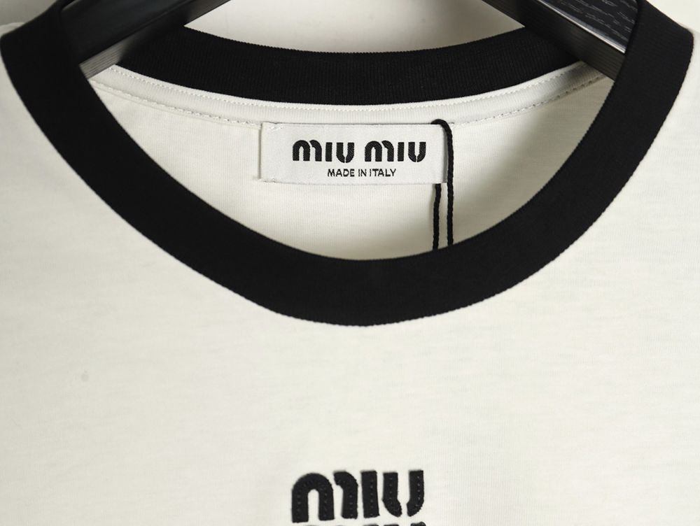 Miu Miu Contrast Collar Embroidered Logo Short Sleeve T-Shirt