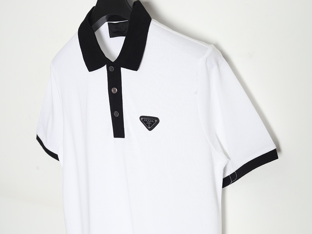 Pra*a color block ribbed collar polo short sleeve