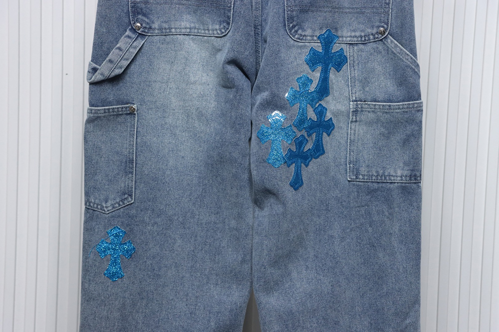 Ch**me He**ts multicolor laser cross leather denim trousers