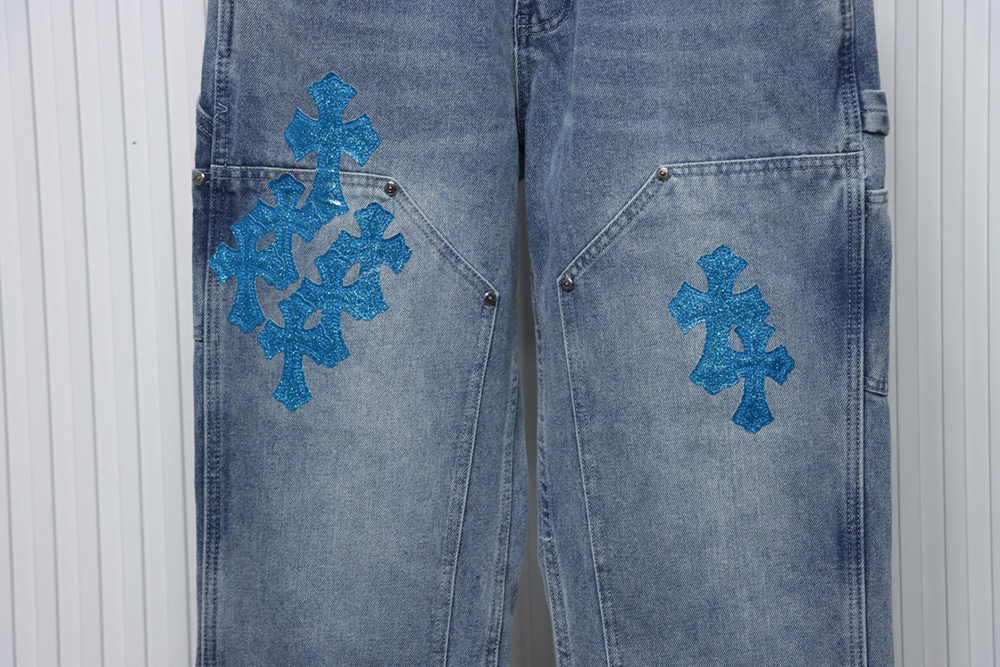 Ch**me He**ts multicolor laser cross leather denim trousers