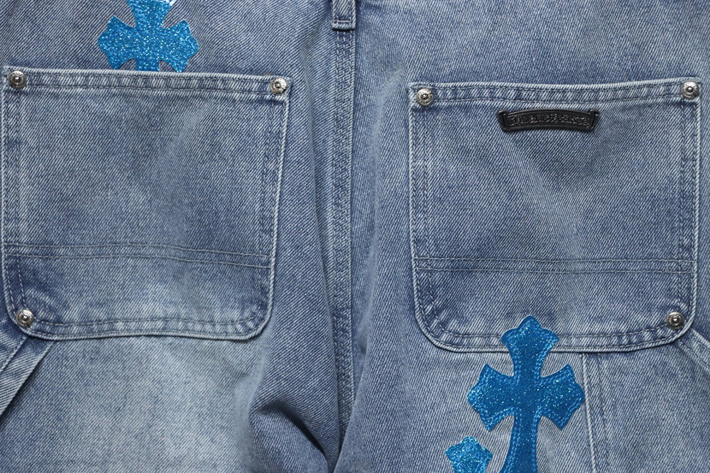 Ch**me He**ts multicolor laser cross leather denim trousers