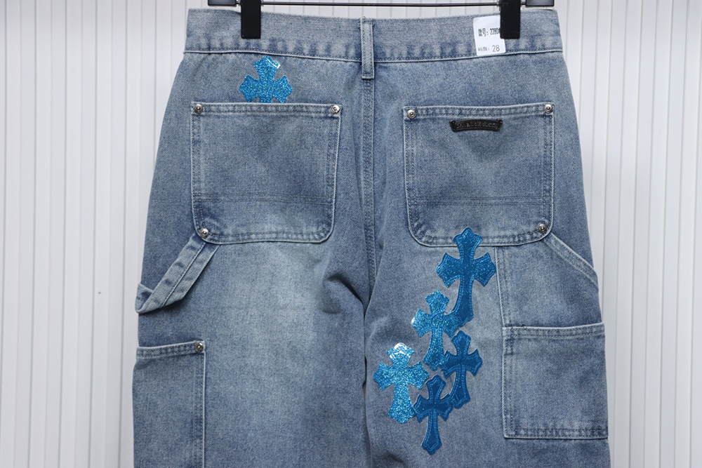 Ch**me He**ts multicolor laser cross leather denim trousers