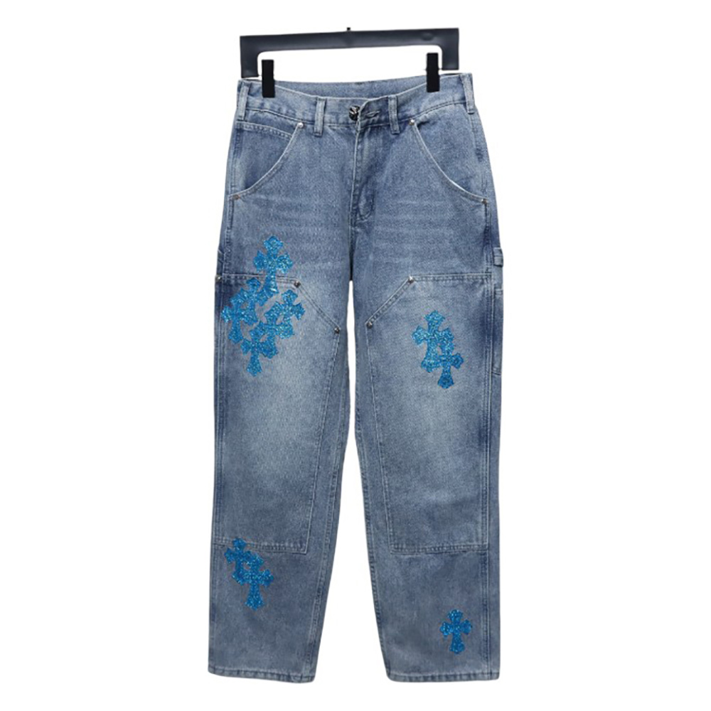 Ch**me He**ts multicolor laser cross leather denim trousers