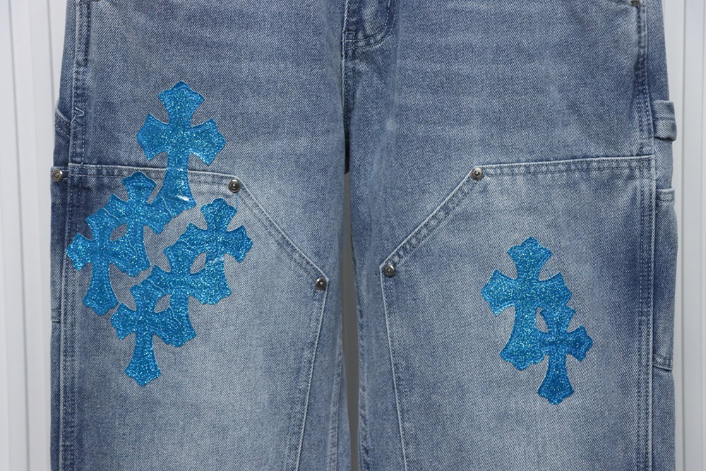 Ch**me He**ts multicolor laser cross leather denim trousers