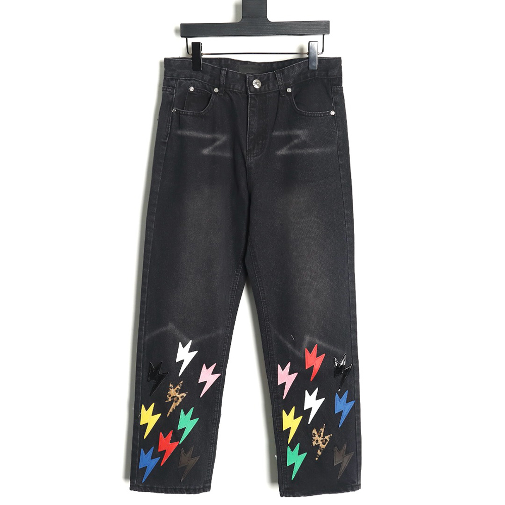 Amexnocap leather label lightning bolt denim trousers
