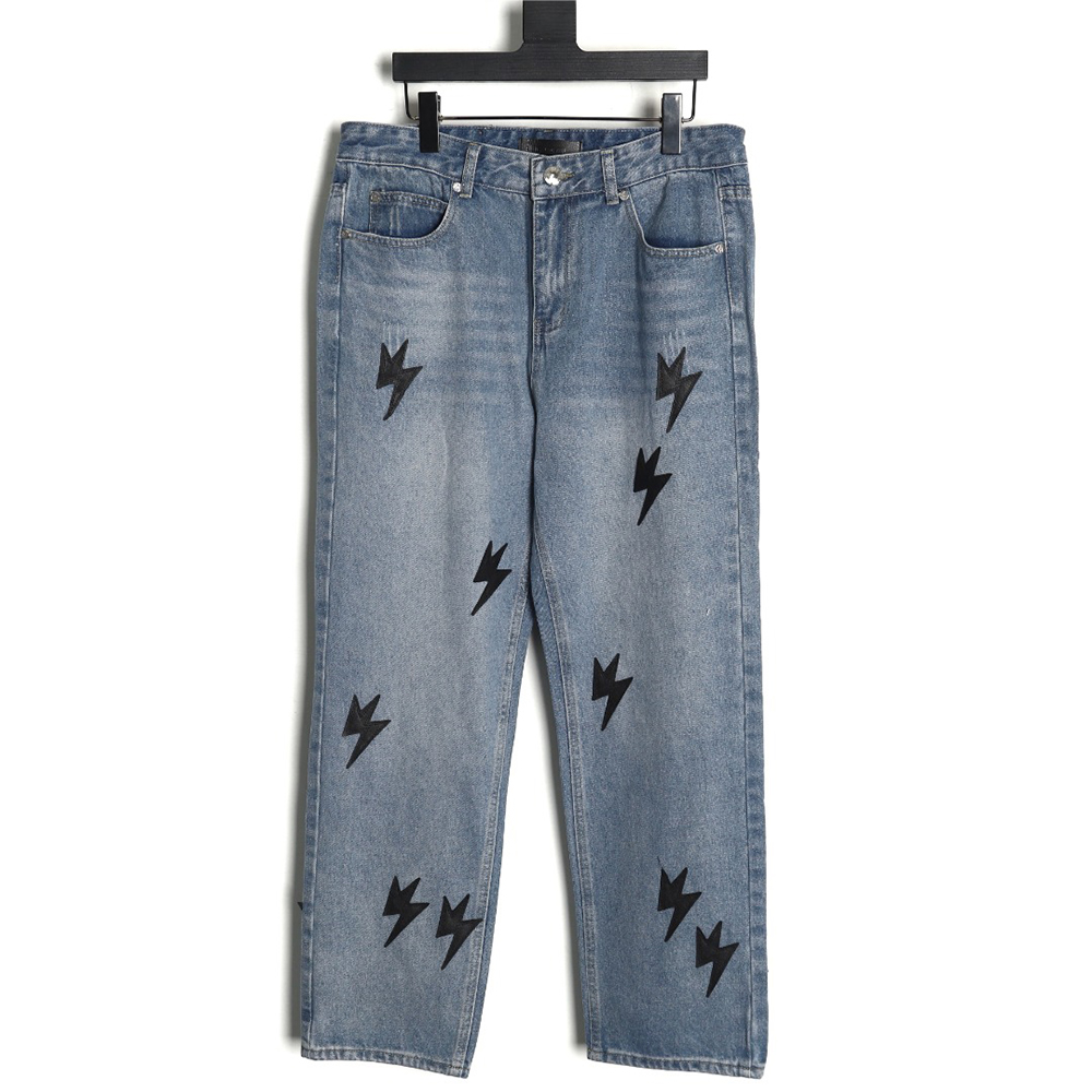 Amexnocap leather label lightning bolt denim trousers TSK1