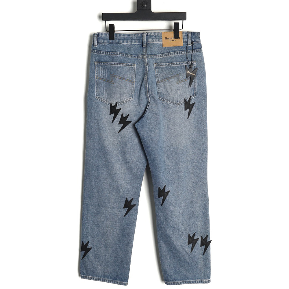Amexnocap leather label lightning bolt denim trousers TSK1