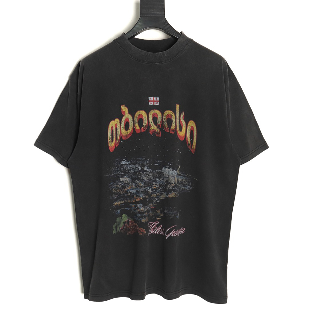 Ba*len*cia*ga night scene pattern faded letter print round neck short sleeve t-shirt