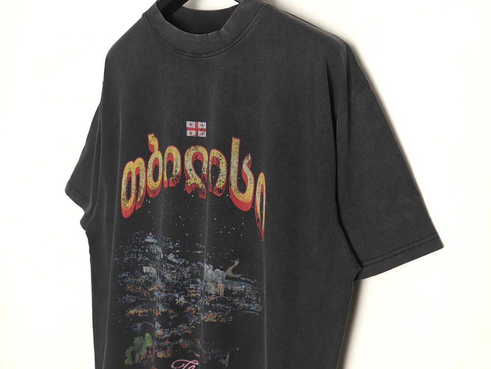 Ba*len*cia*ga night scene pattern faded letter print round neck short sleeve t-shirt