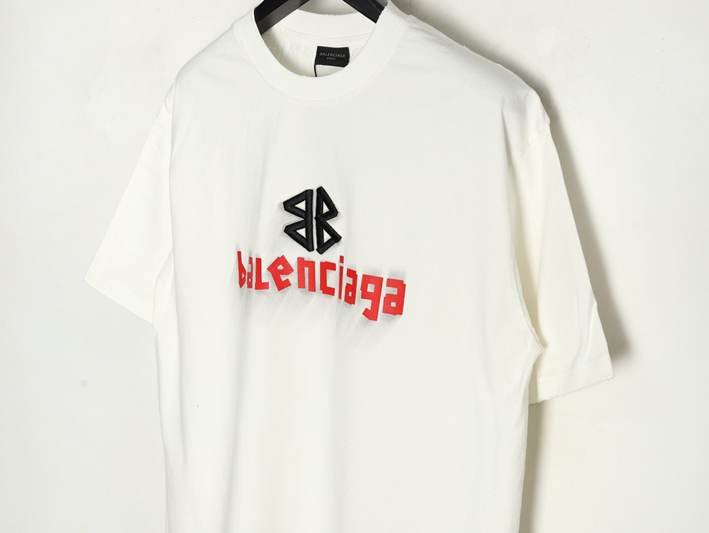 Ba*len*cia*ga double b embroidery and 3d inkjet logo ripped short-sleeved t-shirt