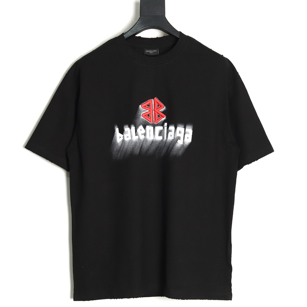 Ba*len*cia*ga double b embroidery and 3d inkjet logo ripped short-sleeved t-shirt tsk1