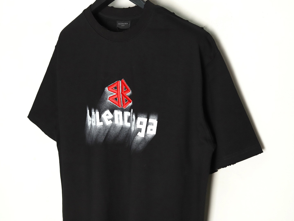 Ba*len*cia*ga double b embroidery and 3d inkjet logo ripped short-sleeved t-shirt tsk1