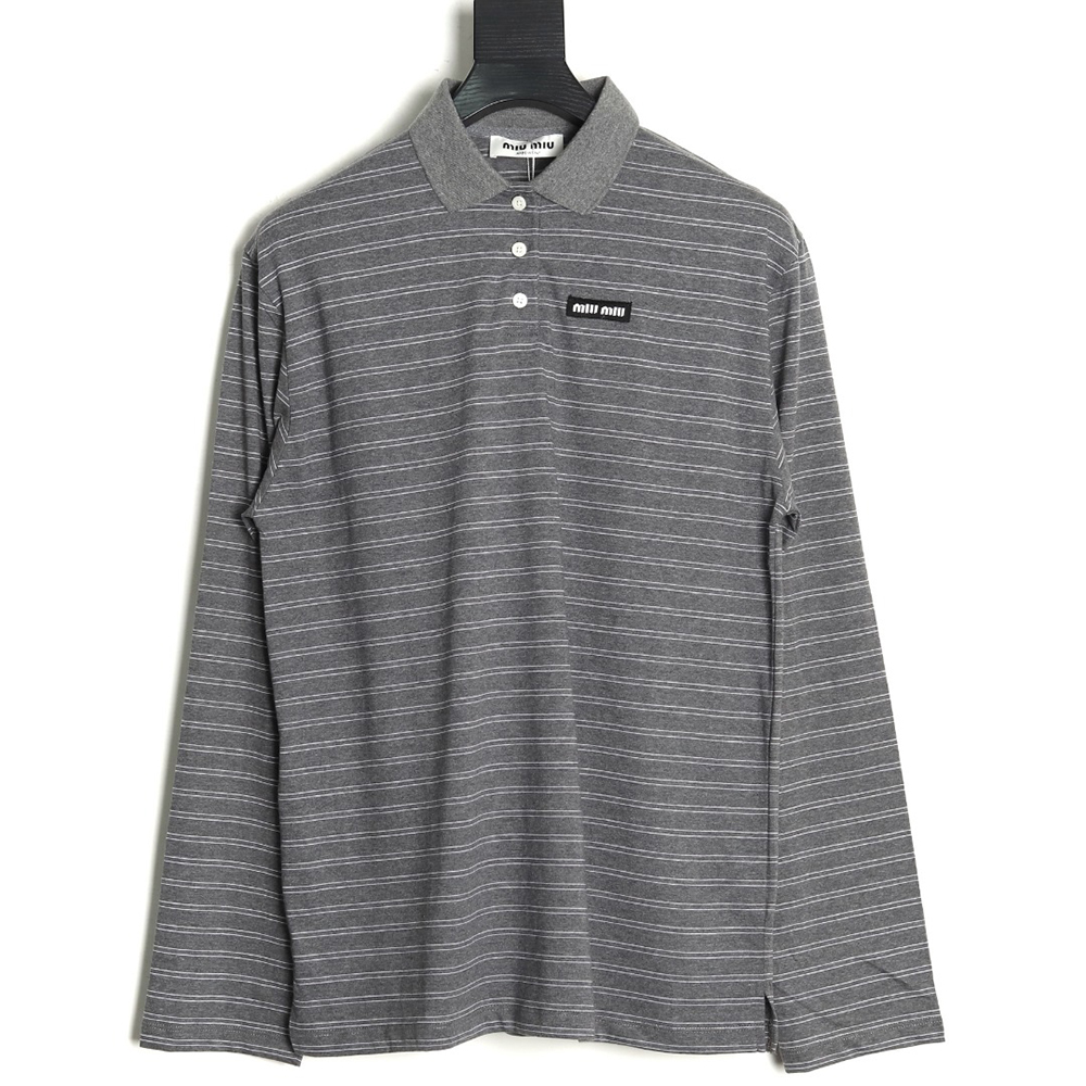 Miu Miu Grey Stripe Logo Long Sleeve Polo Shirt