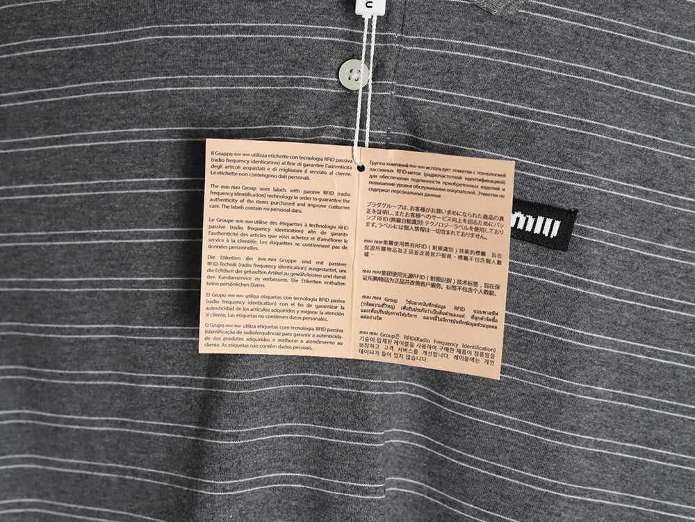 Miu Miu Grey Stripe Logo Long Sleeve Polo Shirt