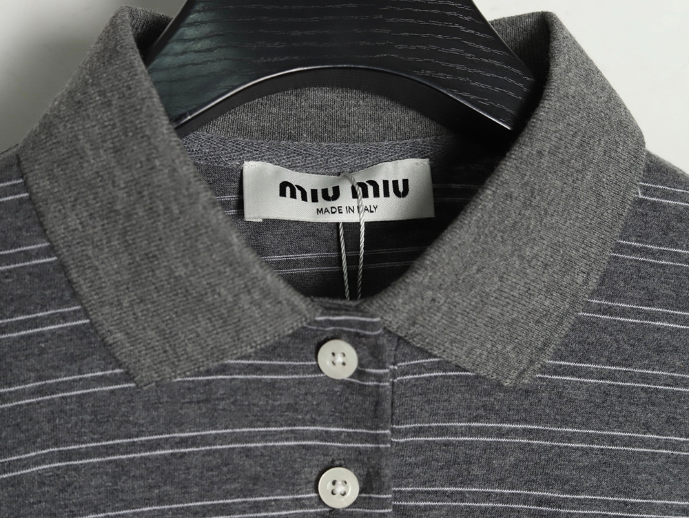 Miu Miu Grey Stripe Logo Long Sleeve Polo Shirt