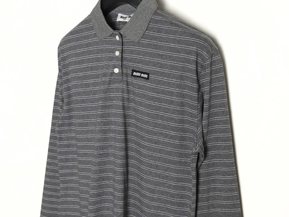 Miu Miu Grey Stripe Logo Long Sleeve Polo Shirt