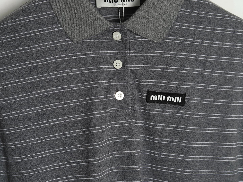 Miu Miu Grey Stripe Logo Long Sleeve Polo Shirt