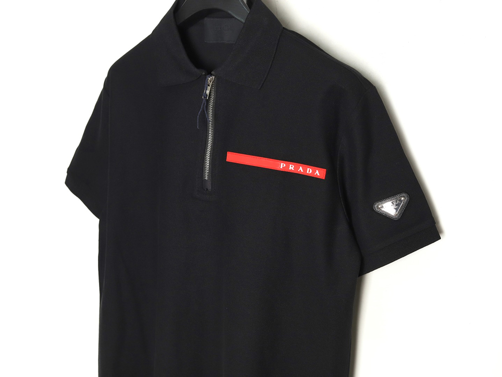 Pra*a red stripe triangle half zip short sleeve polo shirt