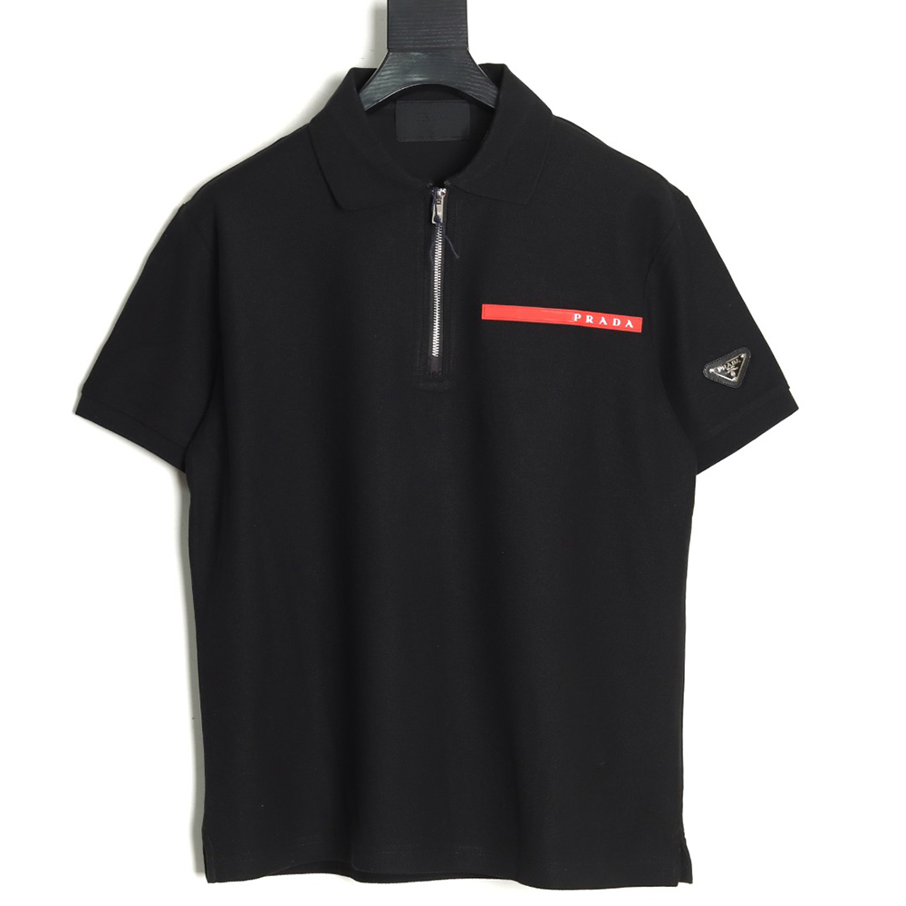 Pra*a red stripe triangle half zip short sleeve polo shirt