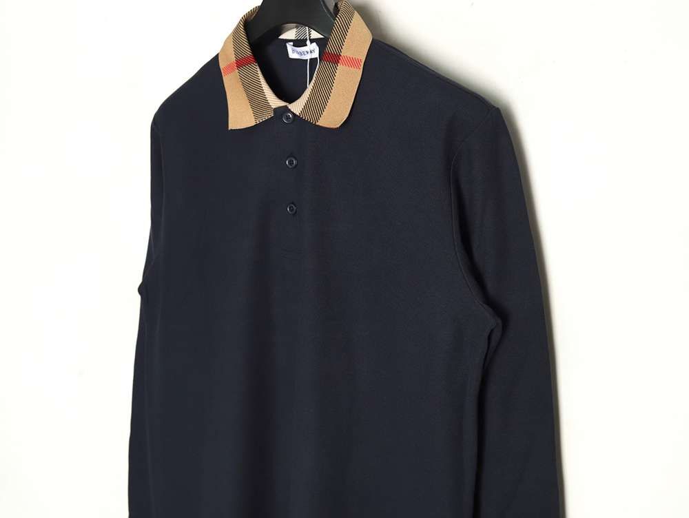 B**rry check lapel long sleeve polo shirt navy