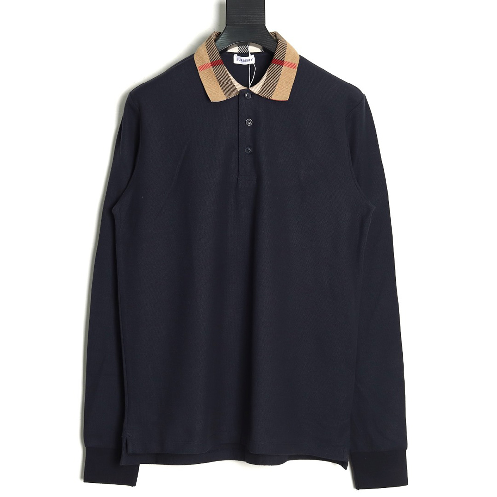 B**rry check lapel long sleeve polo shirt navy