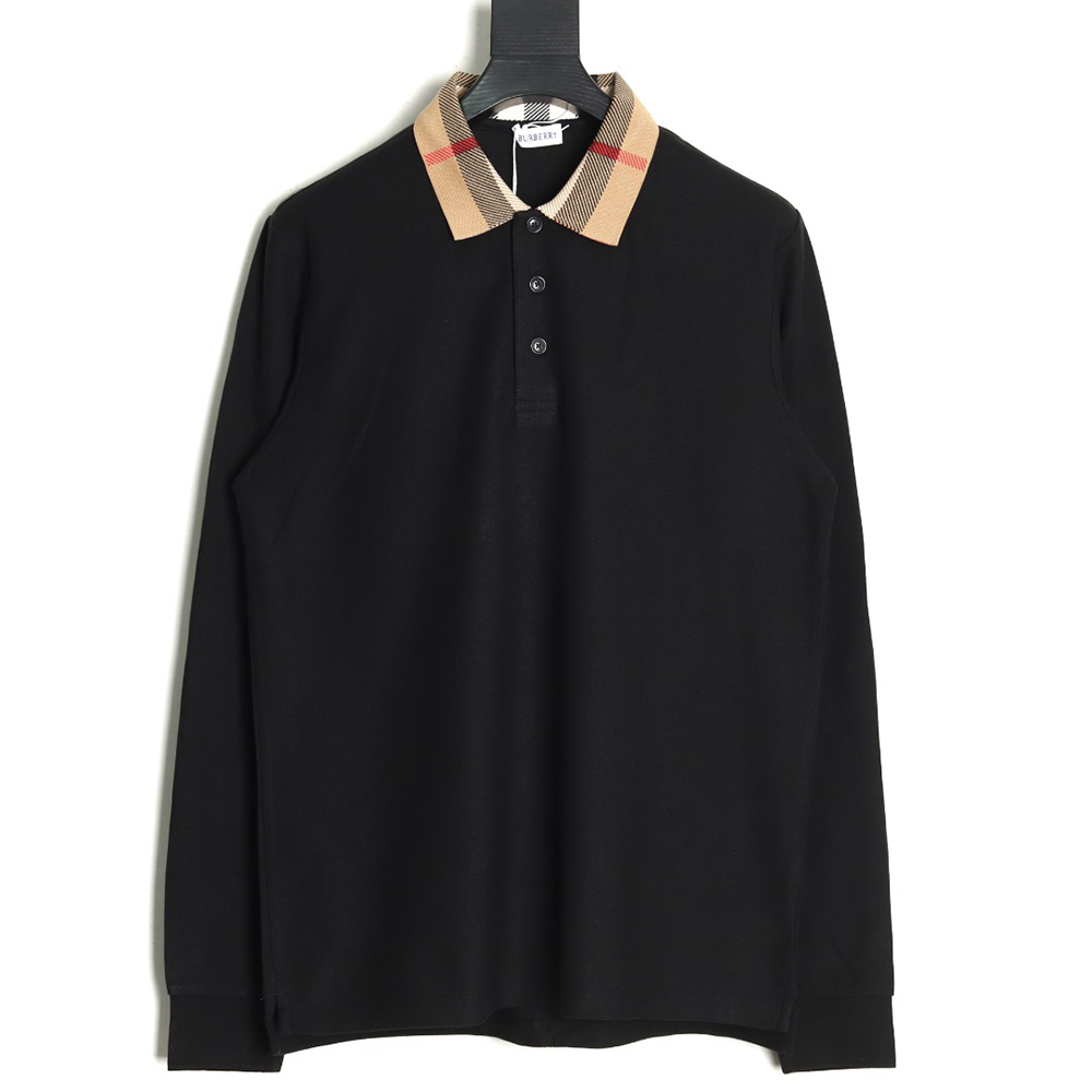 B**rry check lapel long sleeve polo shirt black