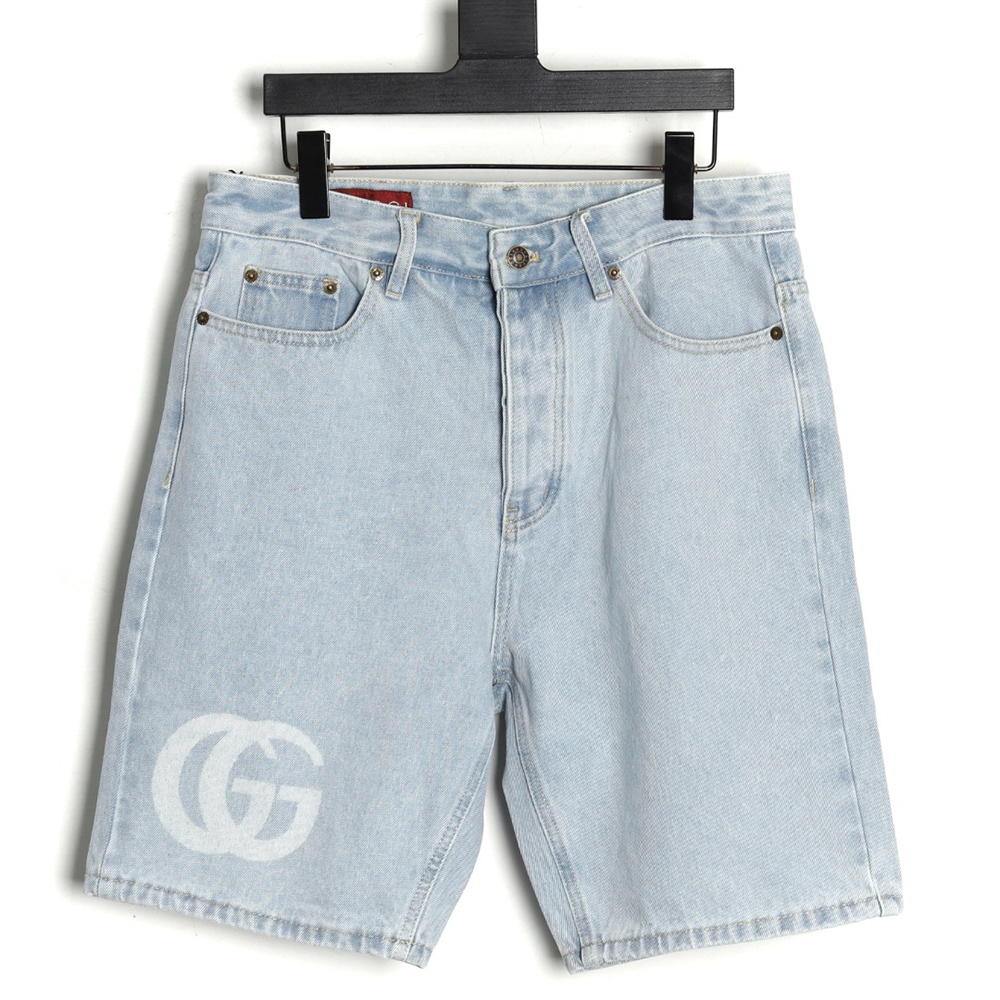 G*u*i double g print washed blue denim shorts