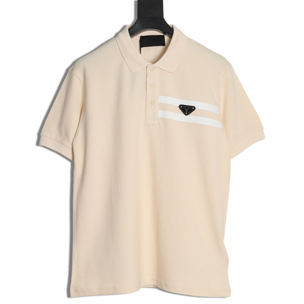 Pra*a chest triangle logo double bars short sleeve polo shirt