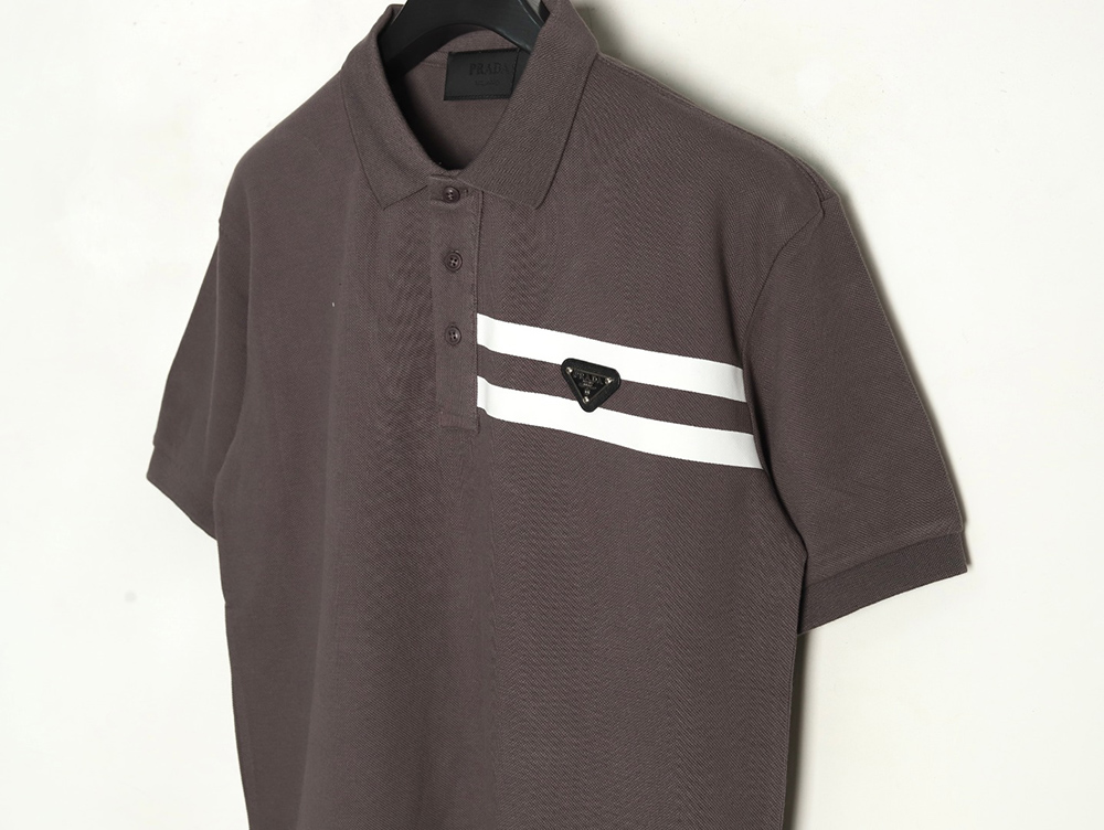 Pra*a chest triangle logo double bars short sleeve polo shirt tsk1