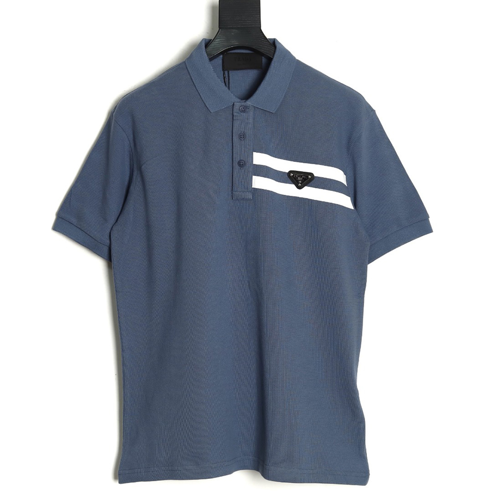 Pra*a chest triangle logo double bars short sleeve polo shirt tsk2