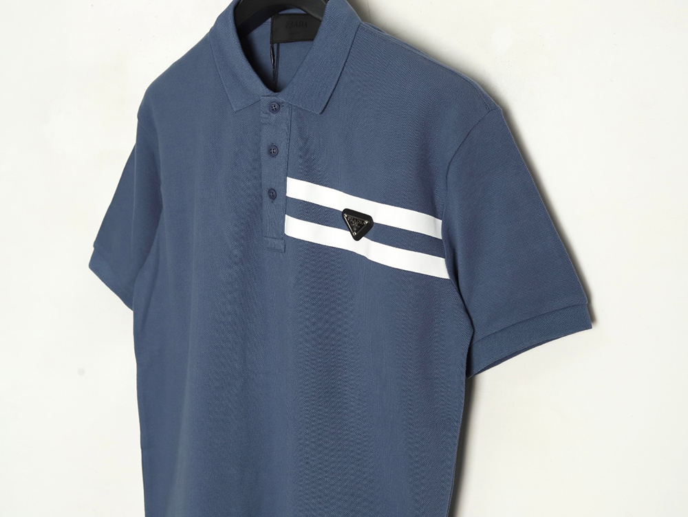Pra*a chest triangle logo double bars short sleeve polo shirt tsk2