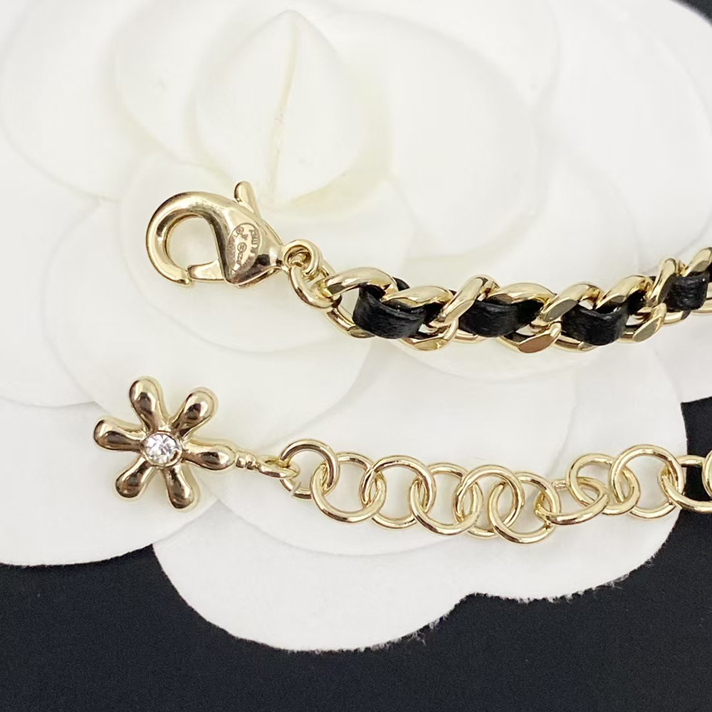 Ch*el hollow flower rhinestone double c necklace abb326