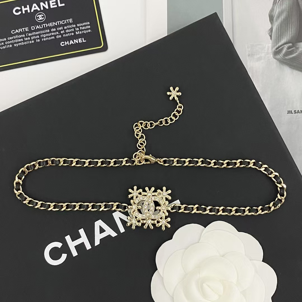 Ch*el hollow flower rhinestone double c necklace abb326