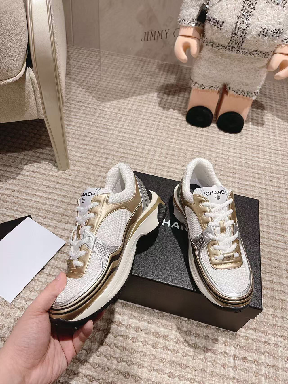 Ch*el cc logo cruise tennis gold sneakers