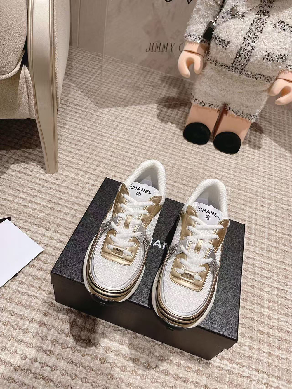 Ch*el cc logo cruise tennis gold sneakers