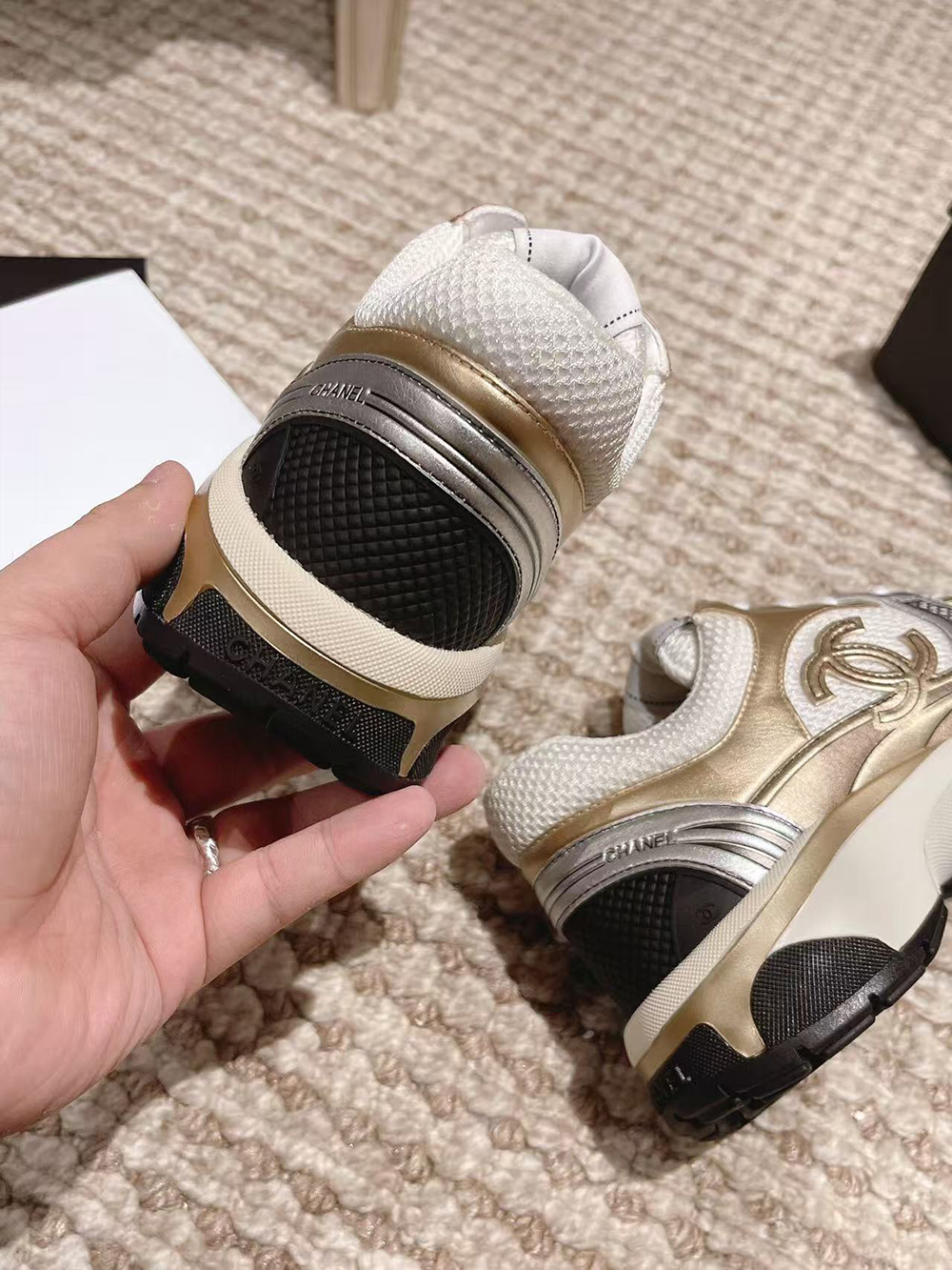 Ch*el cc logo cruise tennis gold sneakers