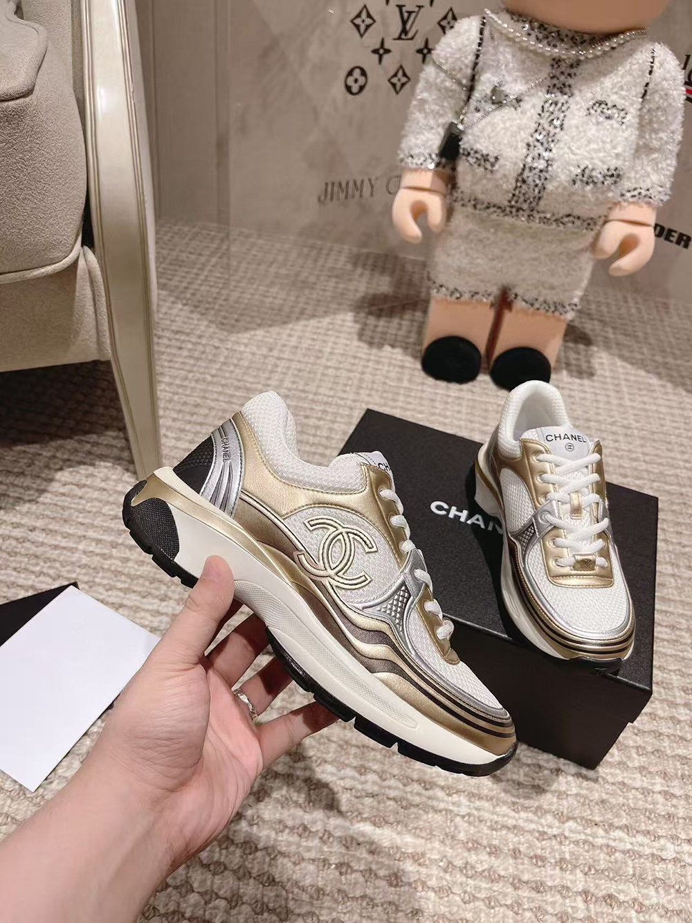Ch*el cc logo cruise tennis gold sneakers