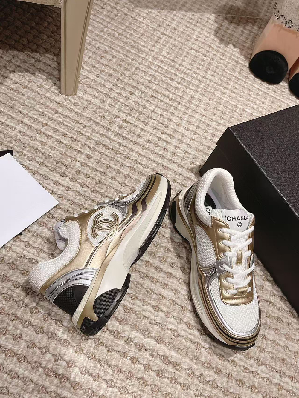 Ch*el cc logo cruise tennis gold sneakers