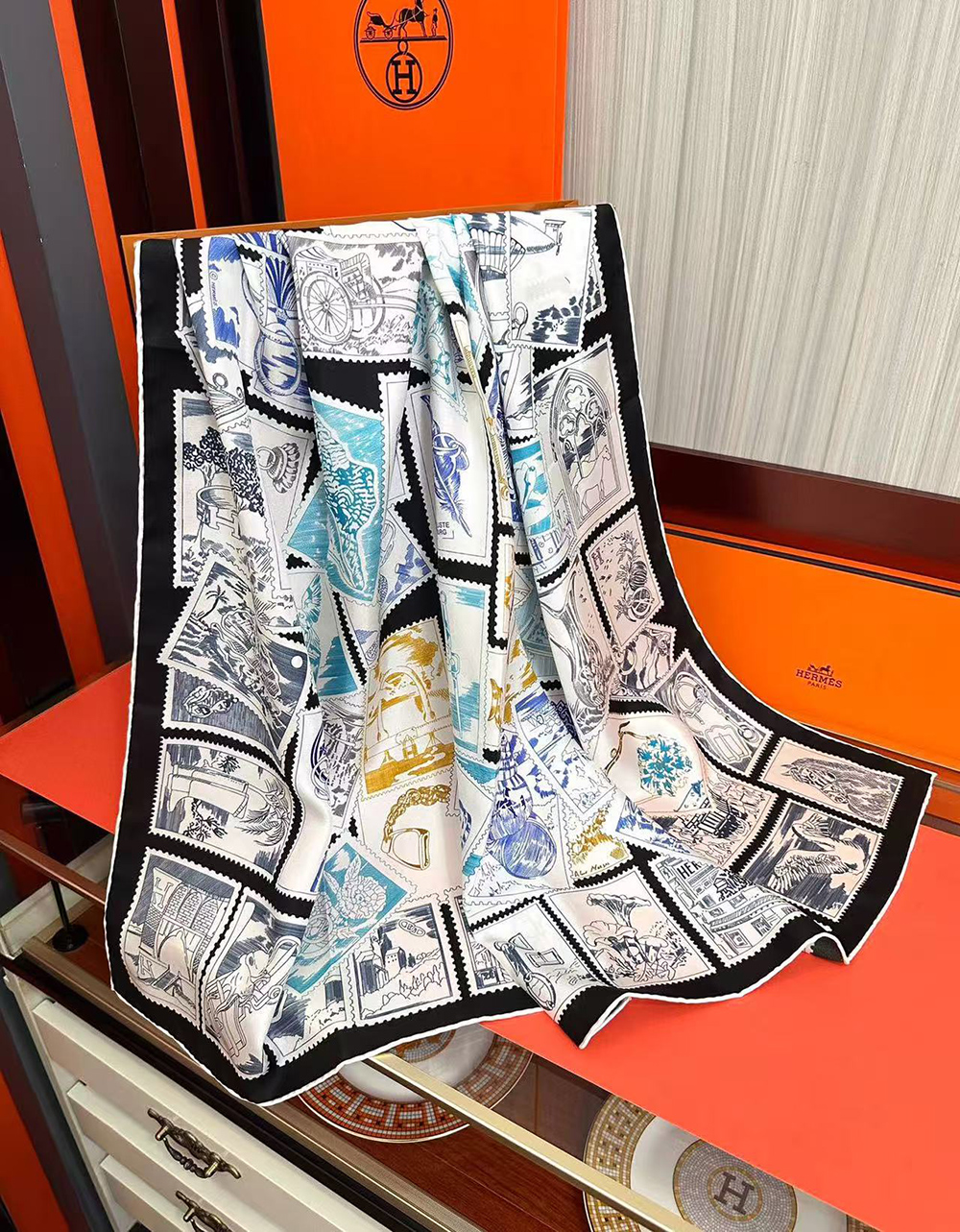 H**mes scarf stamp carre 90 le philateliste du faubourg 90*90cm