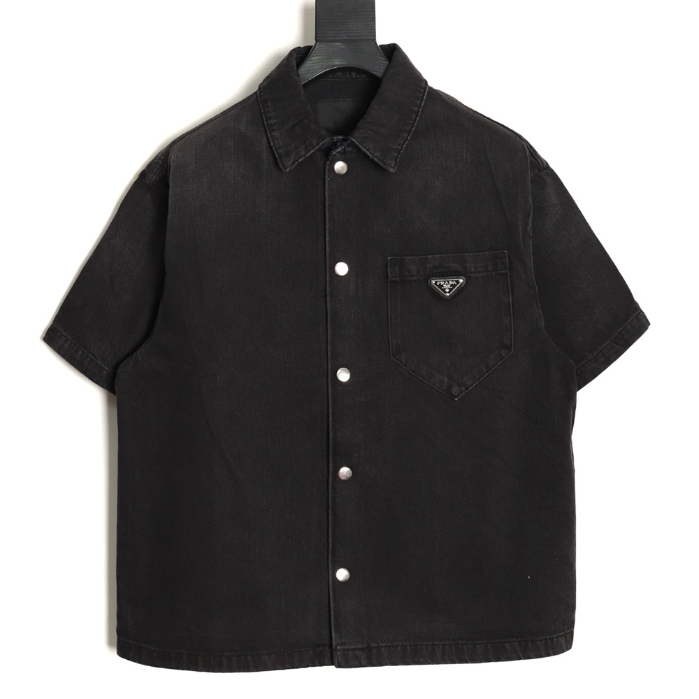Pra*a triangle logo pocket denim short sleeve shirt