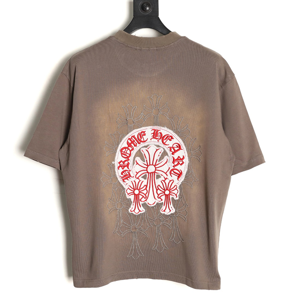 Ch**me He**ts red label cross patch embroidered washed hole short sleeve t-shirt