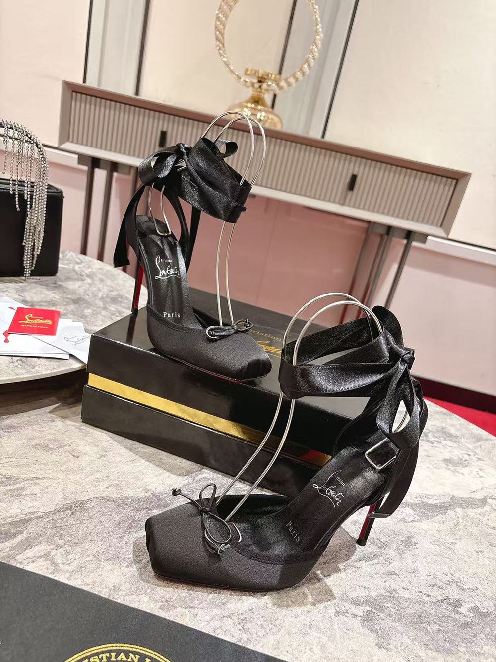 Ch**an louboutin cassia lace up 10cm strappy pumps - black