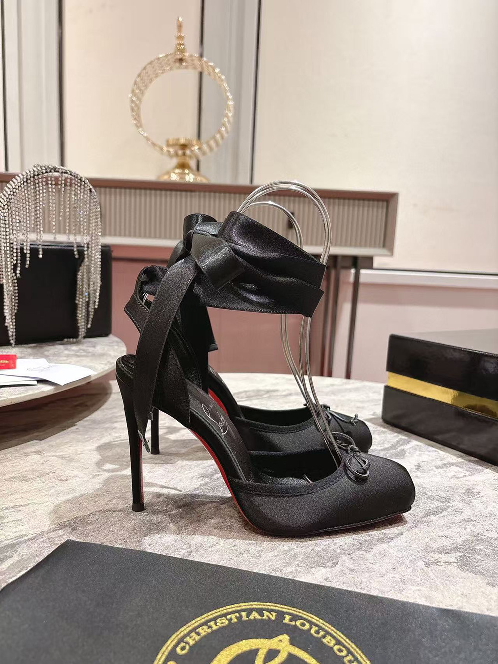 Ch**an louboutin cassia lace up 10cm strappy pumps - black