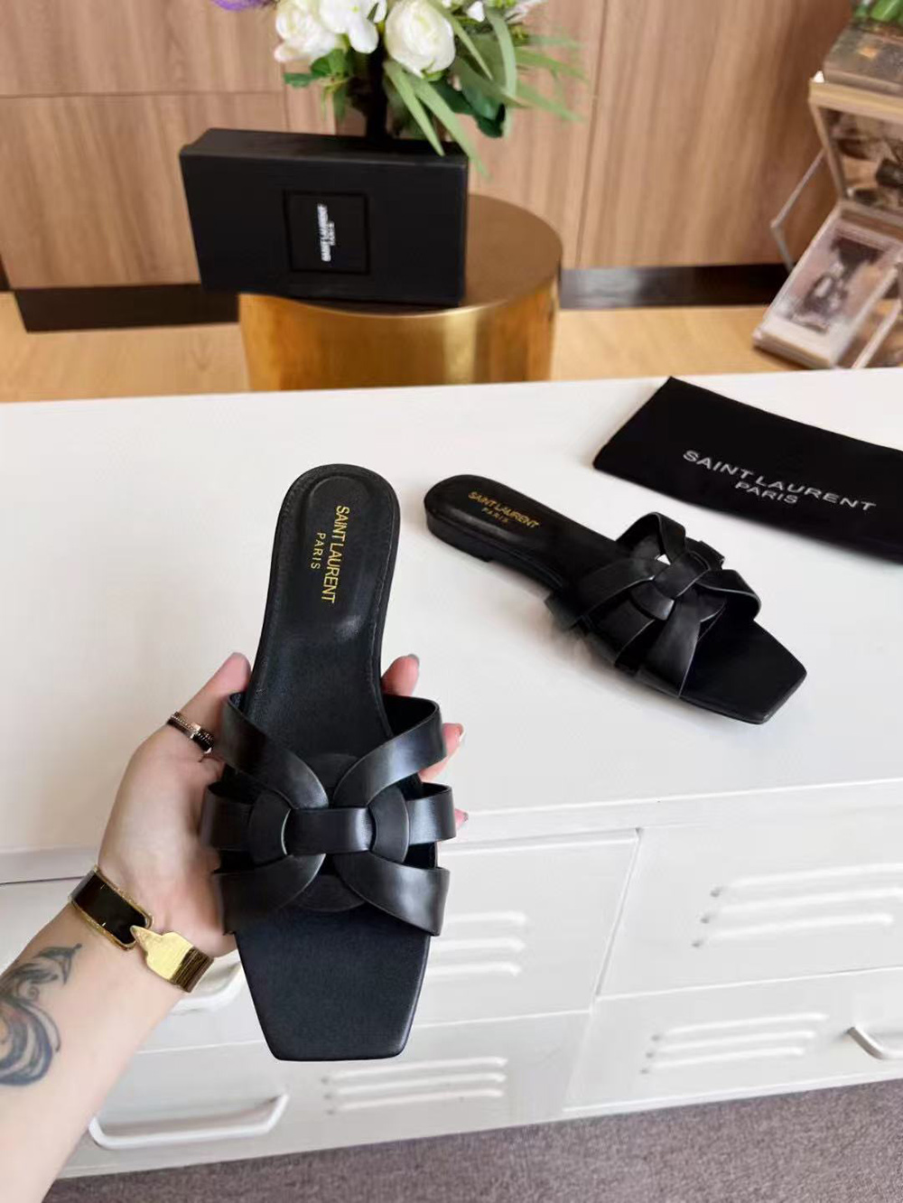 Sa**t Lau*nt tribute sandals in smooth leather