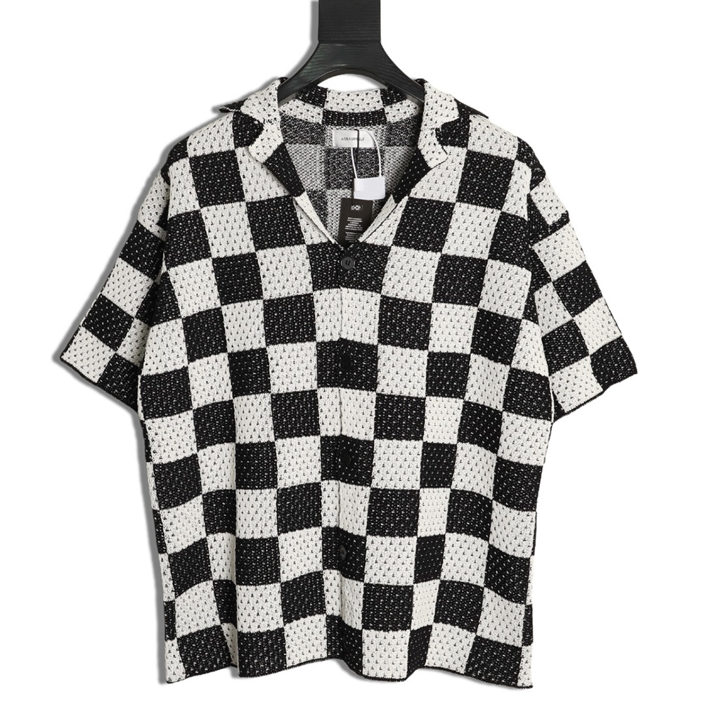 Askyurself checkerboard knit short-sleeved shirt TSK1