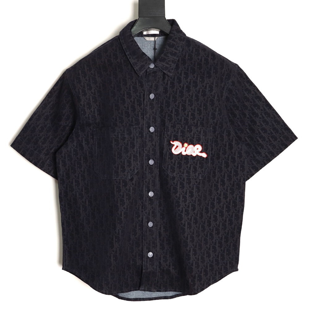 D*or flocked monogram embroidered denim short-sleeved shirt