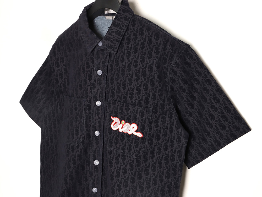 D*or flocked monogram embroidered denim short-sleeved shirt
