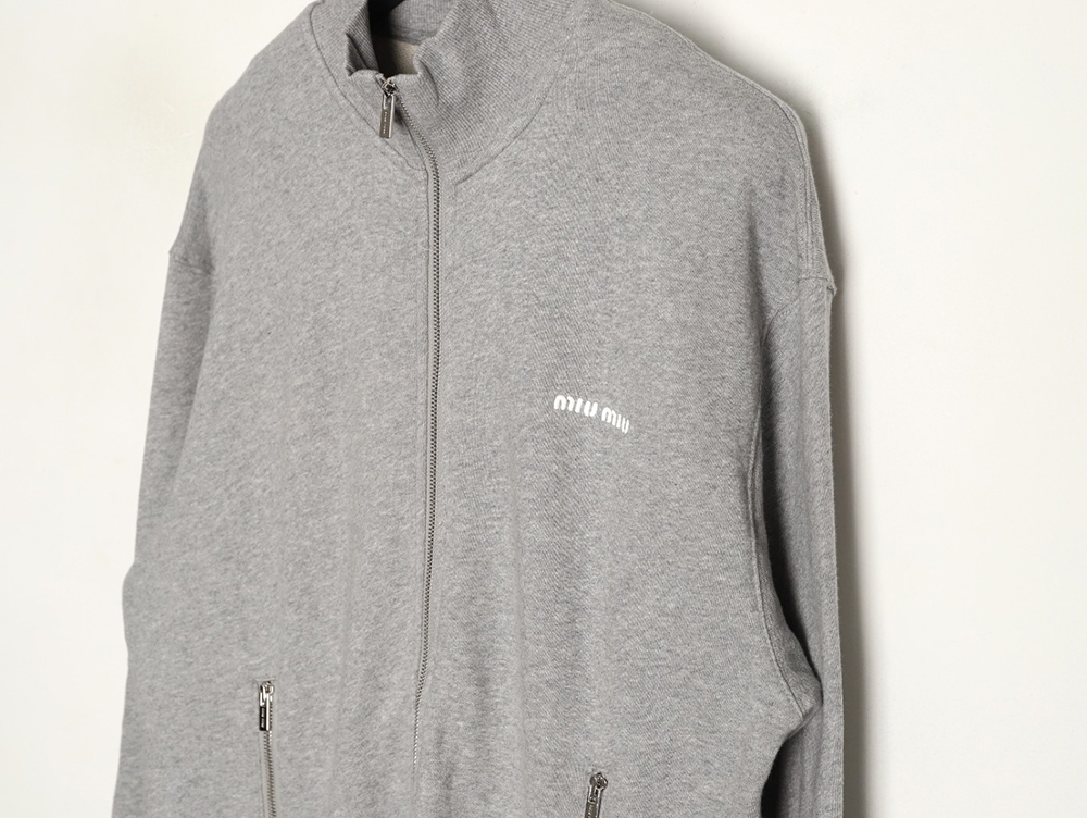 Miu Miu small embroidered zipper cotton and linen stand-up collar jacket